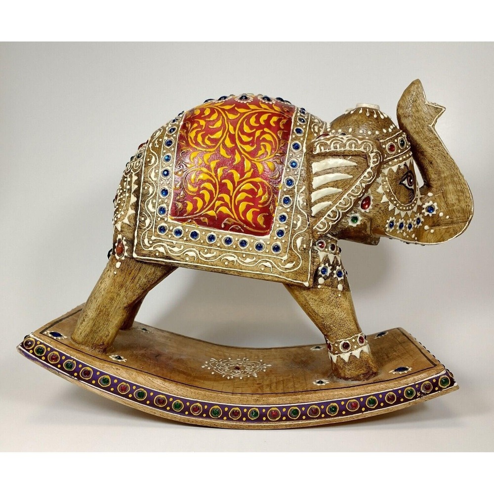 Vintage Wooden‎ Rocking Elephant Statue India Hand-Painted Hand-Carved Elaborate